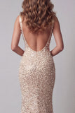 Champagne Mermaid Sequin V Neck Long Evening Dress with Beading