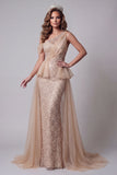 One Shoulder Champagne Beaded Mermiad Evening Dress with Cape