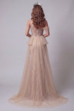 One Shoulder Champagne Beaded Mermiad Evening Dress with Cape