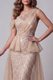 One Shoulder Champagne Beaded Mermiad Evening Dress with Cape