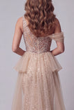 One Shoulder Champagne Beaded Mermiad Evening Dress with Cape