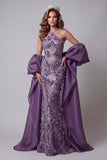 Halter Purple Sequins Mermaid Long Evening Dress with 3D Flowers