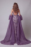 Halter Purple Sequins Mermaid Long Evening Dress with 3D Flowers