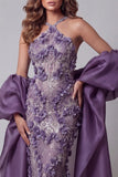 Halter Purple Sequins Mermaid Long Evening Dress with 3D Flowers