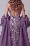 Halter Purple Sequins Mermaid Long Evening Dress with 3D Flowers