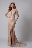 Sparkly Champagne Mermiad Cold Shoulder Beaded Evening Dress with Slit