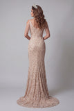 Sparkly Champagne Mermiad Cold Shoulder Beaded Evening Dress with Slit