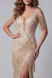 Sparkly Champagne Mermiad Cold Shoulder Beaded Evening Dress with Slit
