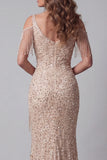 Sparkly Champagne Mermiad Cold Shoulder Beaded Evening Dress with Slit