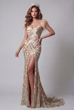 Champagne Mermaid Sequin Side Slit Evening Dress with Feathers