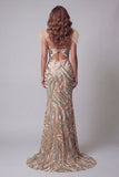 Champagne Mermaid Sequin Side Slit Evening Dress with Feathers