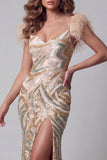 Champagne Mermaid Sequin Side Slit Evening Dress with Feathers
