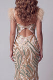 Champagne Mermaid Sequin Side Slit Evening Dress with Feathers
