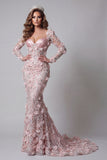 Blush Mermaid Long Sleeves Evening Dress with 3D Flowers