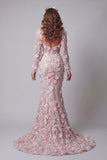Blush Mermaid Long Sleeves Evening Dress with 3D Flowers