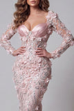 Blush Mermaid Long Sleeves Evening Dress with 3D Flowers