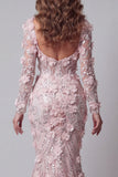 Blush Mermaid Long Sleeves Evening Dress with 3D Flowers