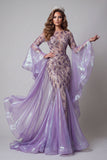 Sparkly Lavender Mermaid Illusion Neck Long Beaded Evening Dress