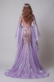 Sparkly Lavender Mermaid Illusion Neck Long Beaded Evening Dress