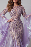 Sparkly Lavender Mermaid Illusion Neck Long Beaded Evening Dress
