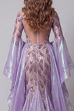Sparkly Lavender Mermaid Illusion Neck Long Beaded Evening Dress