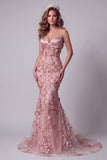 Sparkly Blush Sweetheart Mermaid Sequin Long Evening Dress with 3D Flowers