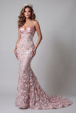 Sparkly Blush Sweetheart Mermaid Sequin Long Evening Dress with 3D Flowers