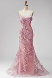 Sparkly Blush Sweetheart Mermaid Sequin Long Evening Dress with 3D Flowers