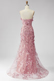 Sparkly Blush Sweetheart Mermaid Sequin Long Evening Dress with 3D Flowers