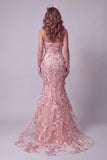 Sparkly Blush Sweetheart Mermaid Sequin Long Evening Dress with 3D Flowers