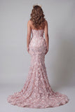 Sparkly Blush Sweetheart Mermaid Sequin Long Evening Dress with 3D Flowers