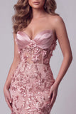 Sparkly Blush Sweetheart Mermaid Sequin Long Evening Dress with 3D Flowers