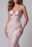 Sparkly Blush Sweetheart Mermaid Sequin Long Evening Dress with 3D Flowers