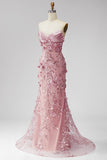 Sparkly Blush Sweetheart Mermaid Sequin Long Evening Dress with 3D Flowers