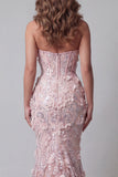 Sparkly Blush Sweetheart Mermaid Sequin Long Evening Dress with 3D Flowers