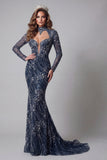 Sparkly Navy Mermaid Open Back Long Sleeves Evening Dress with Sequins