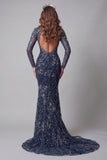 Sparkly Navy Mermaid Open Back Long Sleeves Evening Dress with Sequins