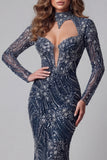 Sparkly Navy Mermaid Open Back Long Sleeves Evening Dress with Sequins