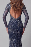 Sparkly Navy Mermaid Open Back Long Sleeves Evening Dress with Sequins