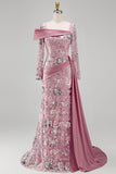 Sparkly Pink Long Sleeves Mermaid Evening Dress with Side Cape