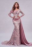 Sparkly Pink Long Sleeves Mermaid Evening Dress with Side Cape
