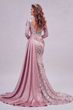 Sparkly Pink Long Sleeves Mermaid Evening Dress with Side Cape