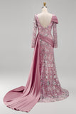 Sparkly Pink Long Sleeves Mermaid Evening Dress with Side Cape