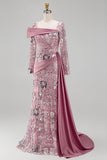 Sparkly Pink Long Sleeves Mermaid Evening Dress with Side Cape