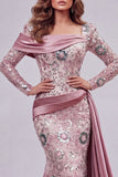 Sparkly Pink Long Sleeves Mermaid Evening Dress with Side Cape