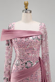 Sparkly Pink Long Sleeves Mermaid Evening Dress with Side Cape