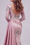 Sparkly Pink Long Sleeves Mermaid Evening Dress with Side Cape