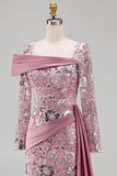 Sparkly Pink Long Sleeves Mermaid Evening Dress with Side Cape