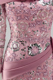Sparkly Pink Long Sleeves Mermaid Evening Dress with Side Cape