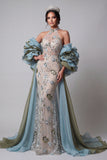 Champagne Mermaid Halter Sheer Ruffled Long Evening Dress with Cape